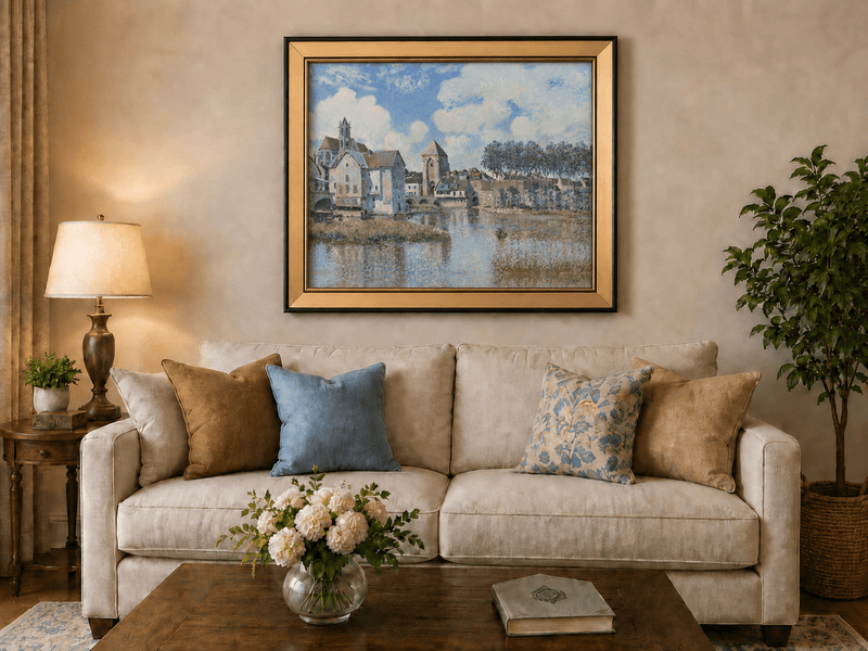 Riverside town with church and bridge landscape oil painting displayed in a styled home interior.