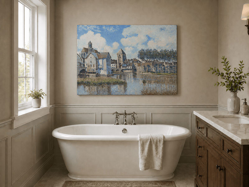 Riverside town with church and bridge landscape oil painting presented as styled home decor.