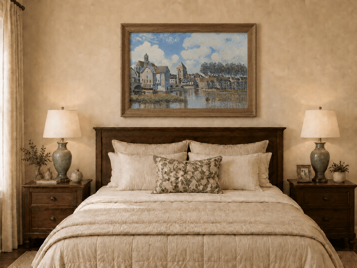 Hand-painted riverside town with church and bridge displayed as decorative wall art.