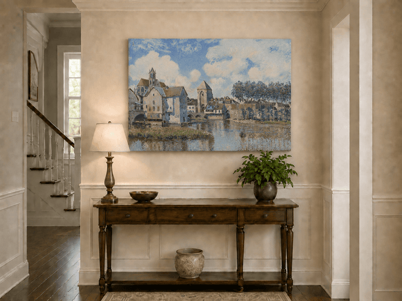 Riverside town landscape painting shown as decorative oil wall art.