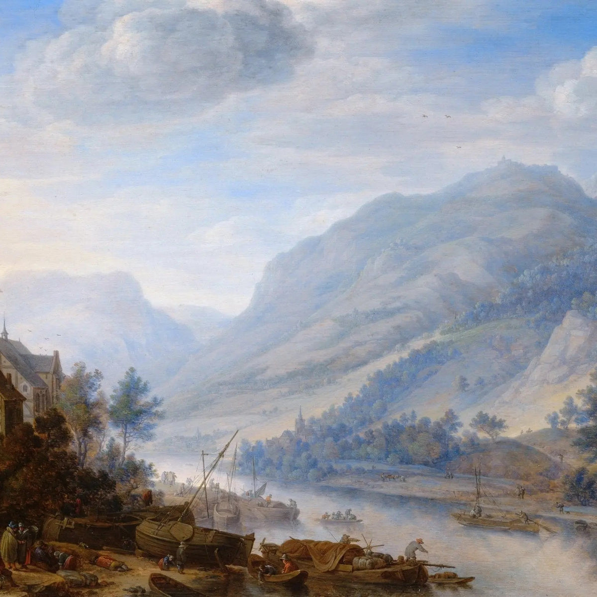 Landscape Oil Painting - Riverside Town with Mountains and Boats - Oil Painting Haven