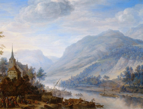 Landscape Oil Painting - Riverside Town with Mountains and Boats - Oil Painting Haven