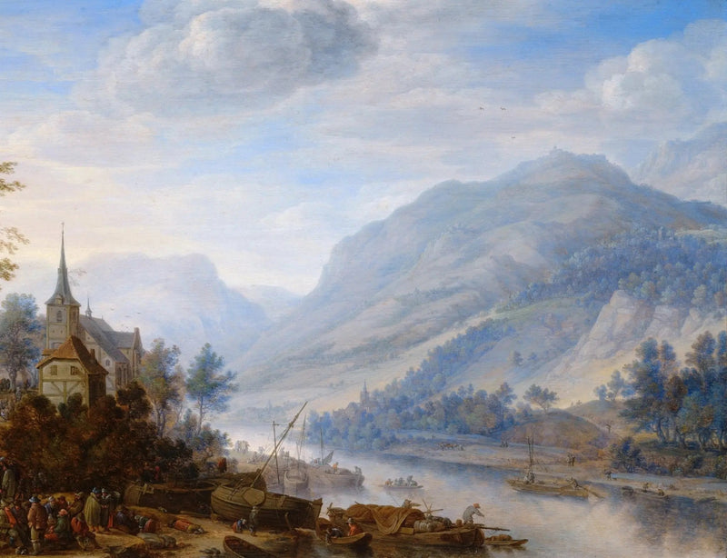 Landscape Oil Painting - Riverside Town with Mountains and Boats - Oil Painting Haven