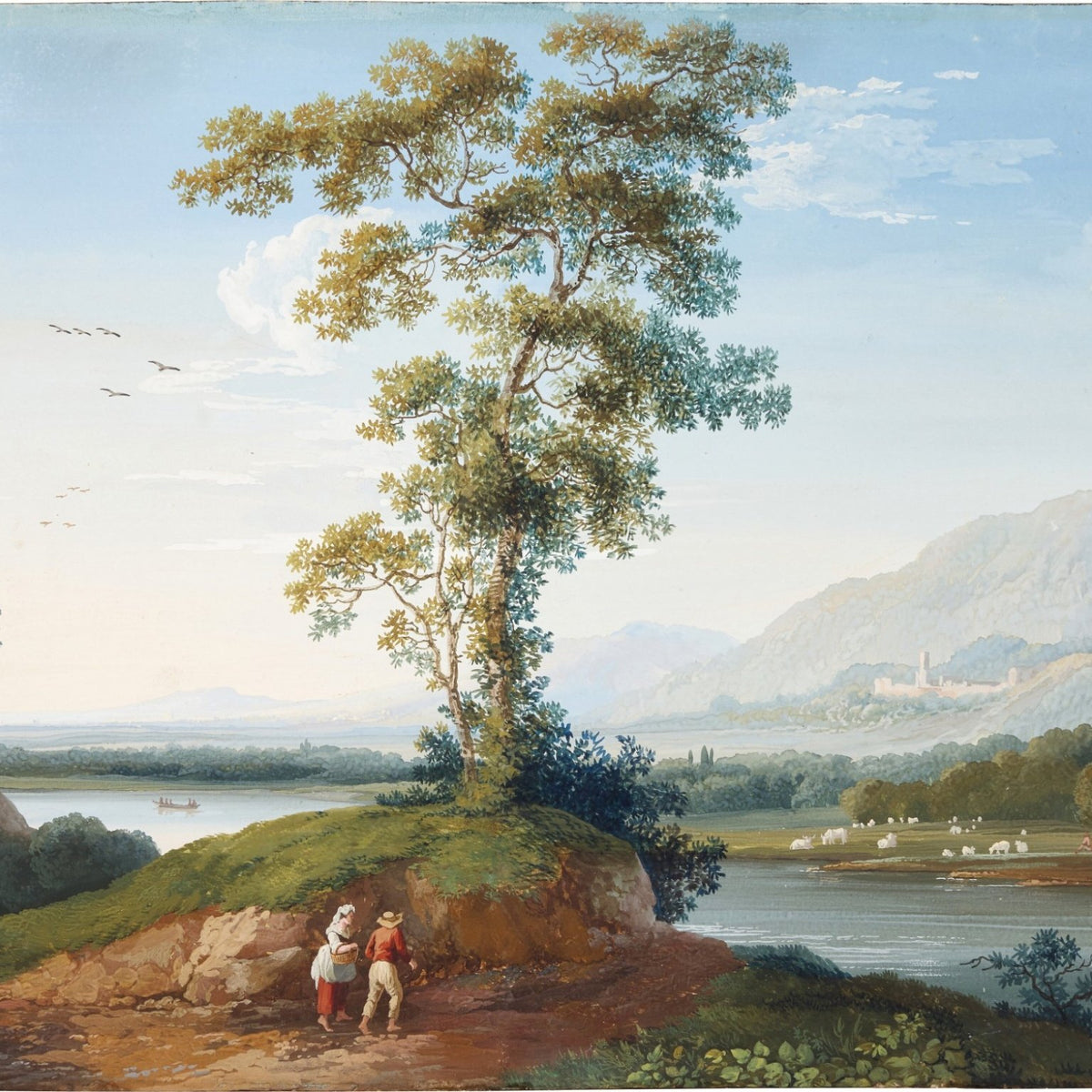Landscape Oil Painting - Riverside Travelers Beneath a Tall Tree