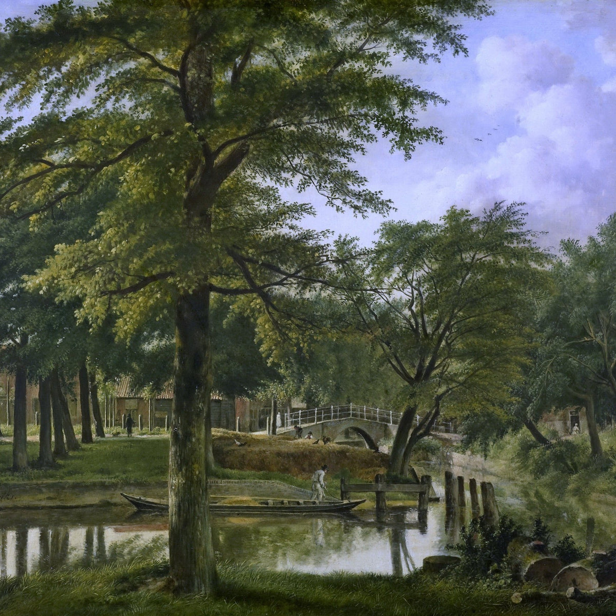Hand-painted riverside trees and bridge scene landscape oil painting on canvas