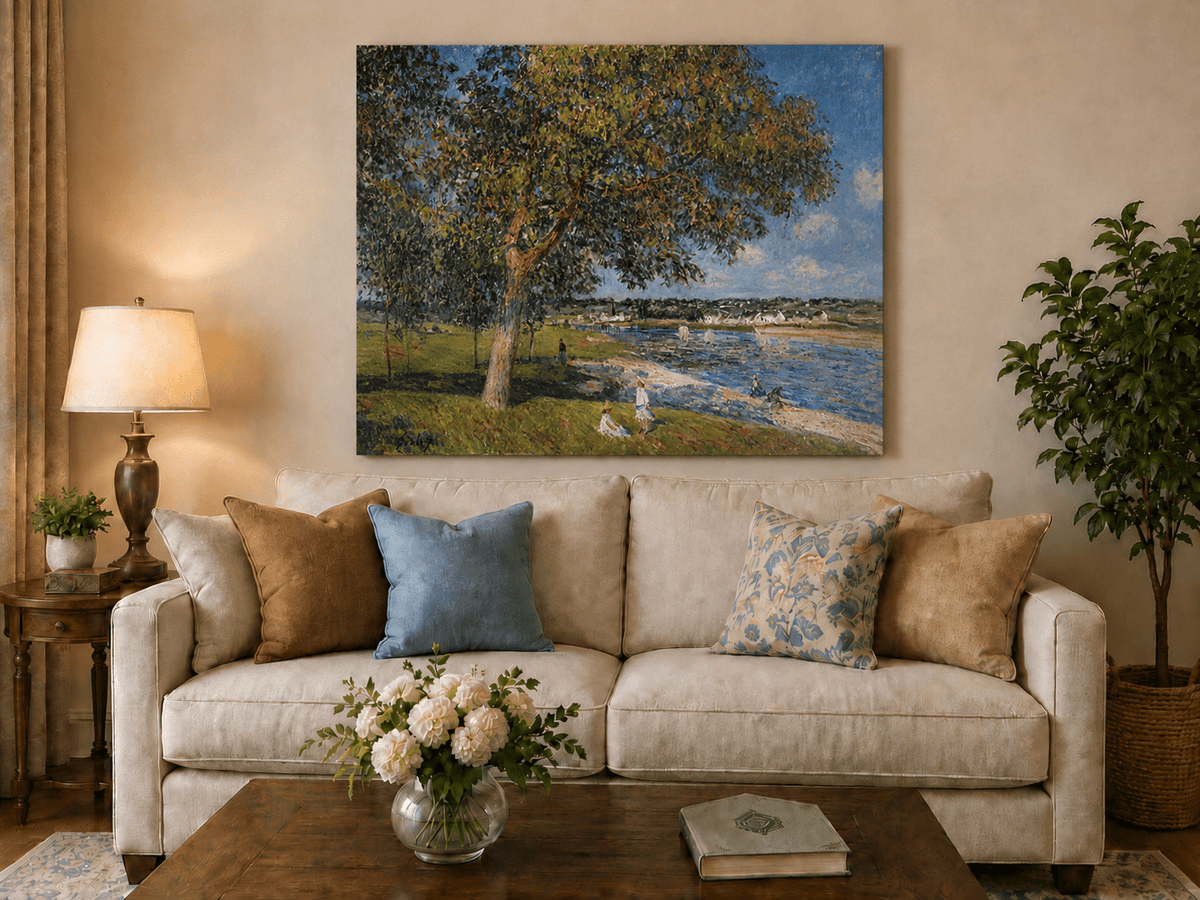 Riverside village view hand-painted oil artwork displayed in a second interior view.