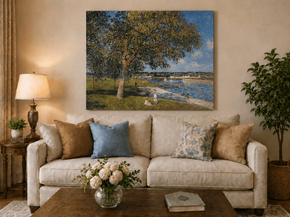 Riverside village view hand-painted oil artwork displayed in a second interior view.