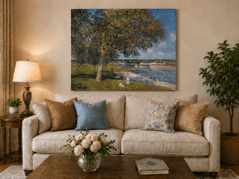 Riverside village view hand-painted oil artwork displayed in a second interior view.
