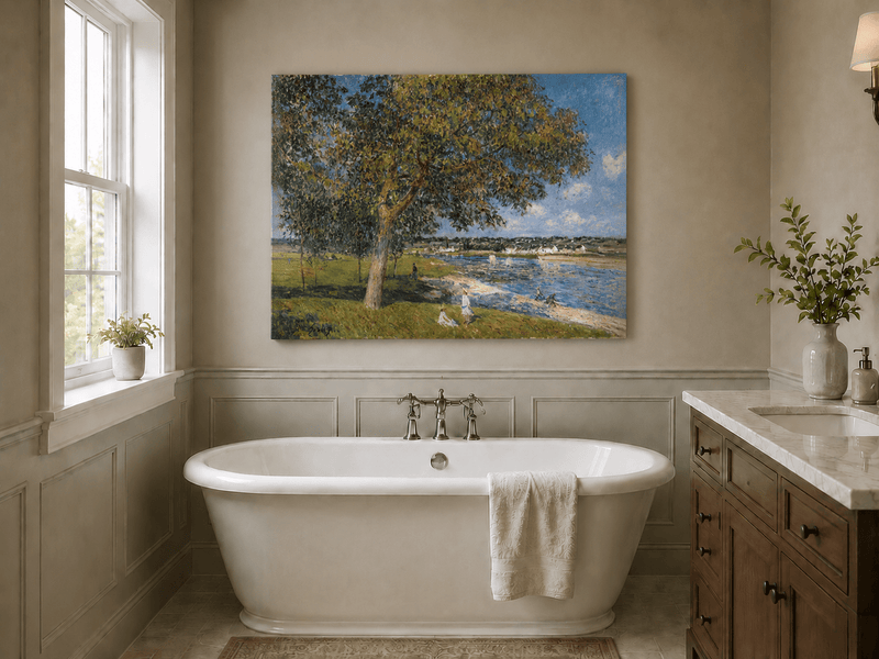 Riverside trees and summer village view landscape oil painting presented as styled home decor.