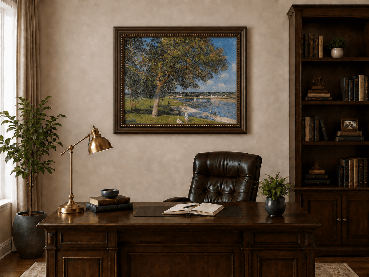 Summer village beyond riverside trees landscape oil painting presented in an interior wall art mockup.