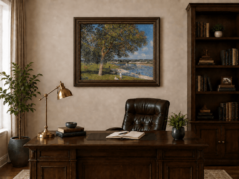 Summer village beyond riverside trees landscape oil painting presented in an interior wall art mockup.