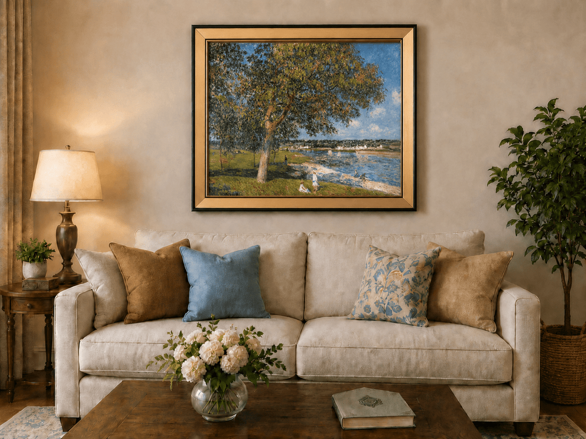 Riverside trees and summer village view landscape oil painting displayed in a styled home interior.