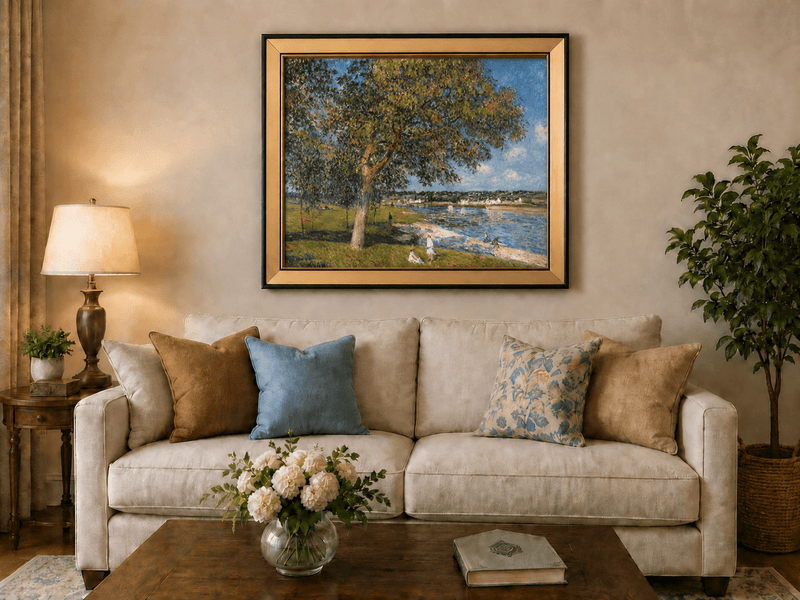 Riverside trees and summer village view landscape oil painting displayed in a styled home interior.
