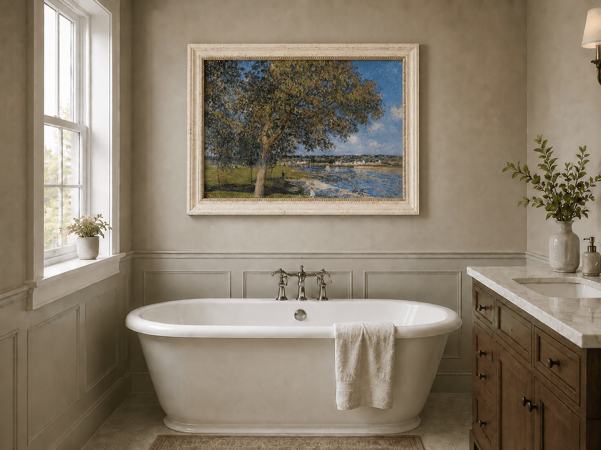 Summer riverside landscape oil painting presented as interior home decor.