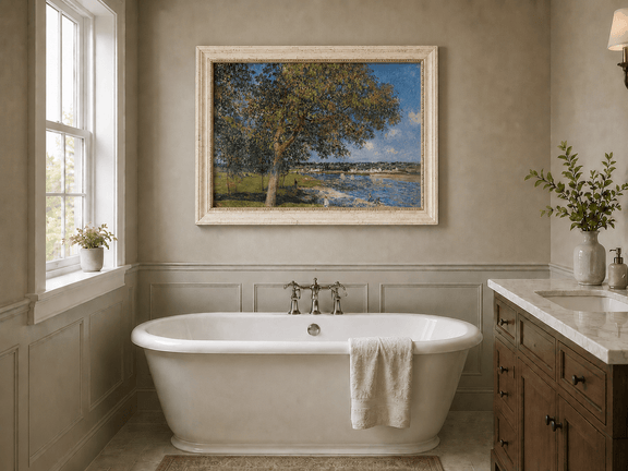 Summer riverside landscape oil painting presented as interior home decor.