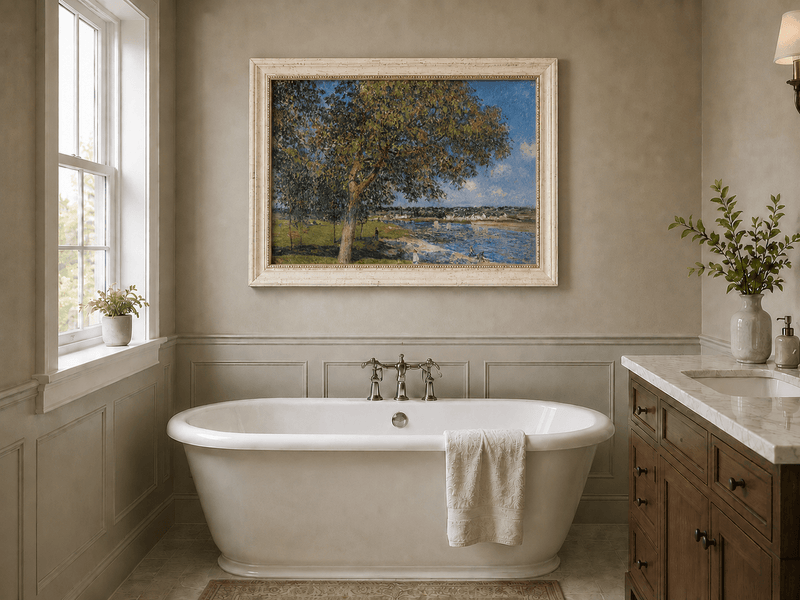 Summer riverside landscape oil painting presented as interior home decor.