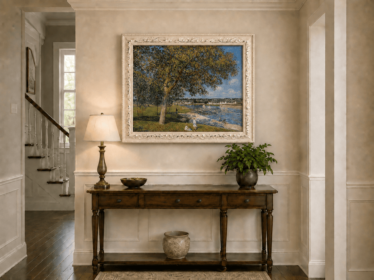 Riverside trees and summer village view hand-painted oil artwork shown as home wall decor.