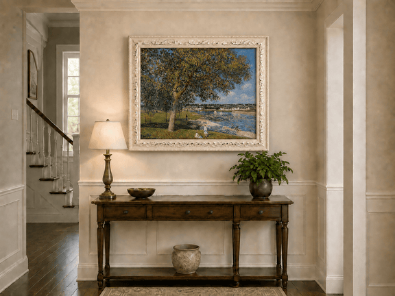 Riverside trees and summer village view hand-painted oil artwork shown as home wall decor.