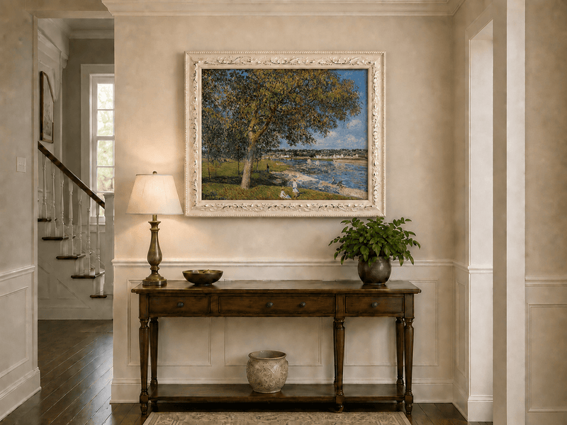 Riverside trees and summer village view hand-painted oil artwork shown as home wall decor.