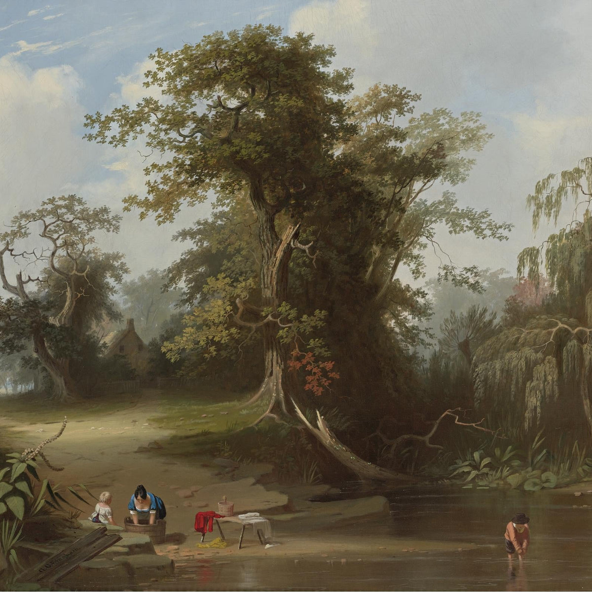 Landscape Oil Painting - Riverside Trees with Washerwomen - Oil Painting Haven