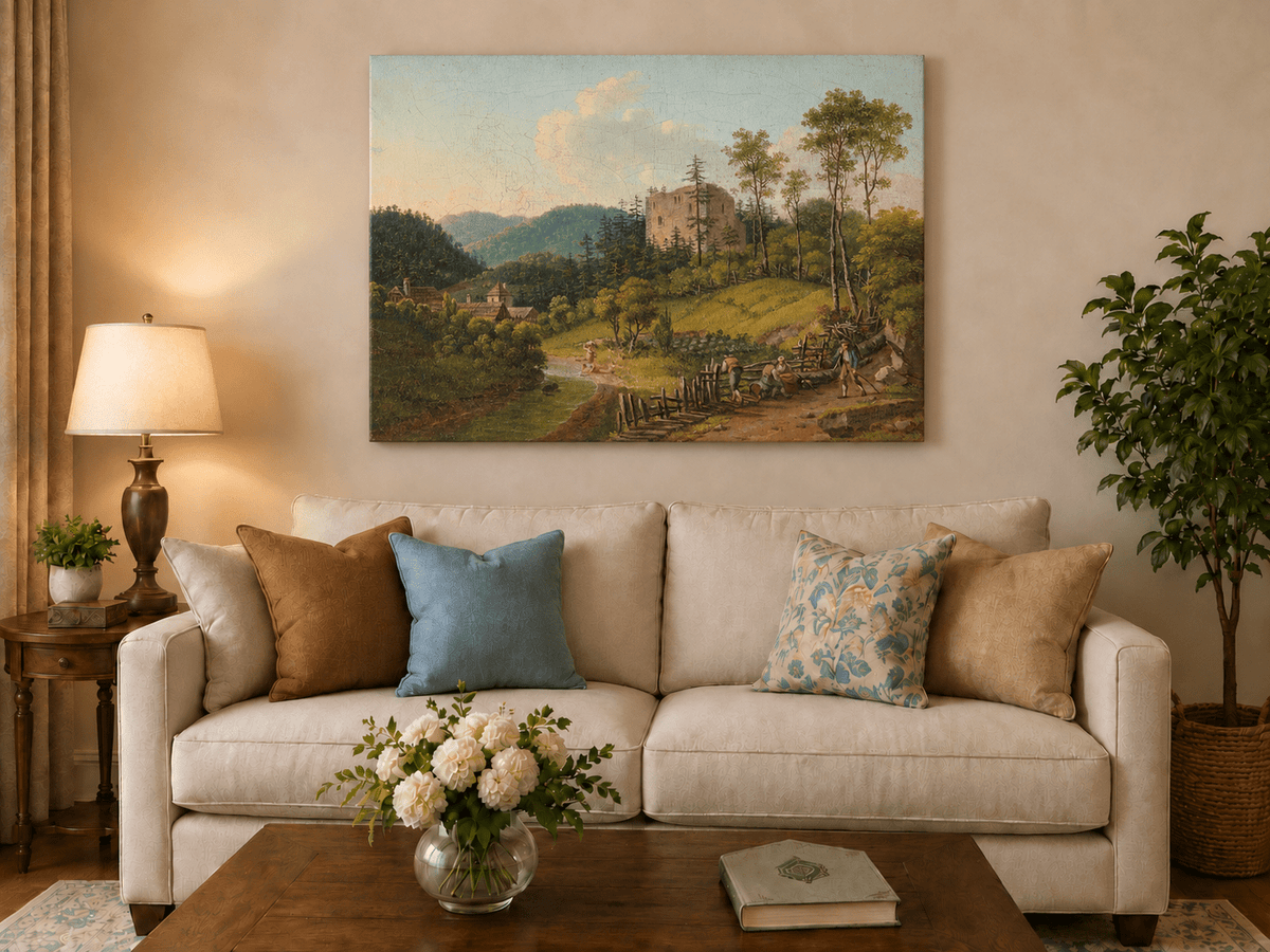 Landscape Oil Painting - Riverside Village and Castle Ruins
