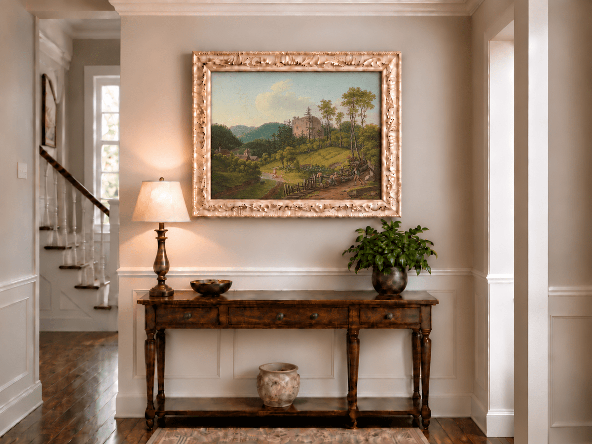 Landscape Oil Painting - Riverside Village and Castle Ruins