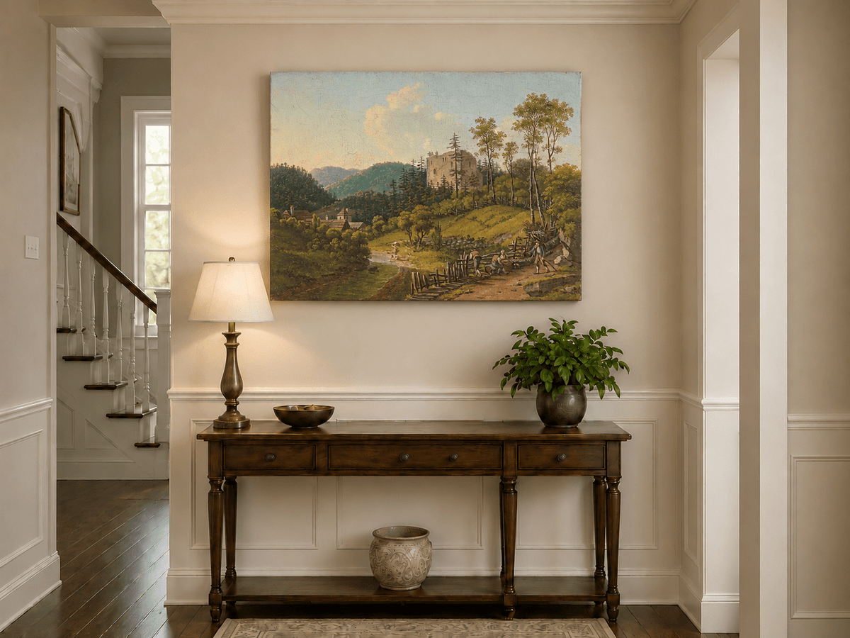 Landscape Oil Painting - Riverside Village and Castle Ruins