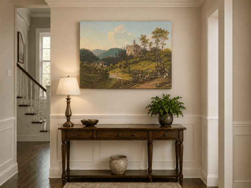 Landscape Oil Painting - Riverside Village and Castle Ruins