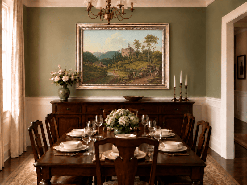 Landscape Oil Painting - Riverside Village and Castle Ruins