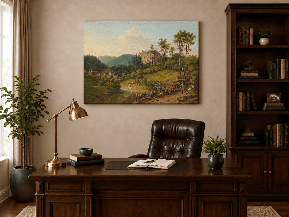 Landscape Oil Painting - Riverside Village and Castle Ruins