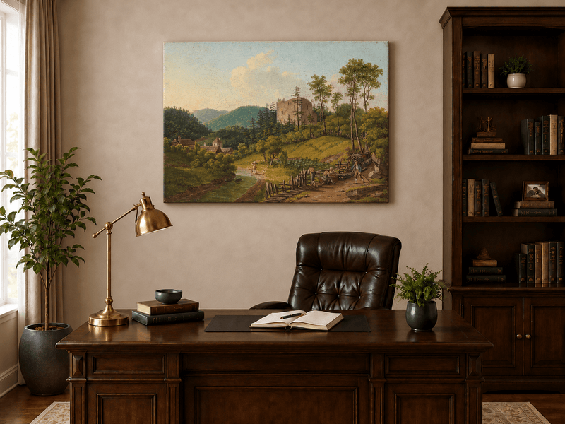 Landscape Oil Painting - Riverside Village and Castle Ruins