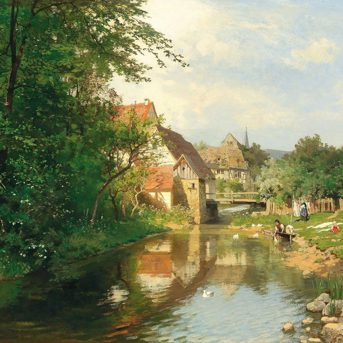 Hand-painted riverside village and quiet stream landscape oil painting on canvas