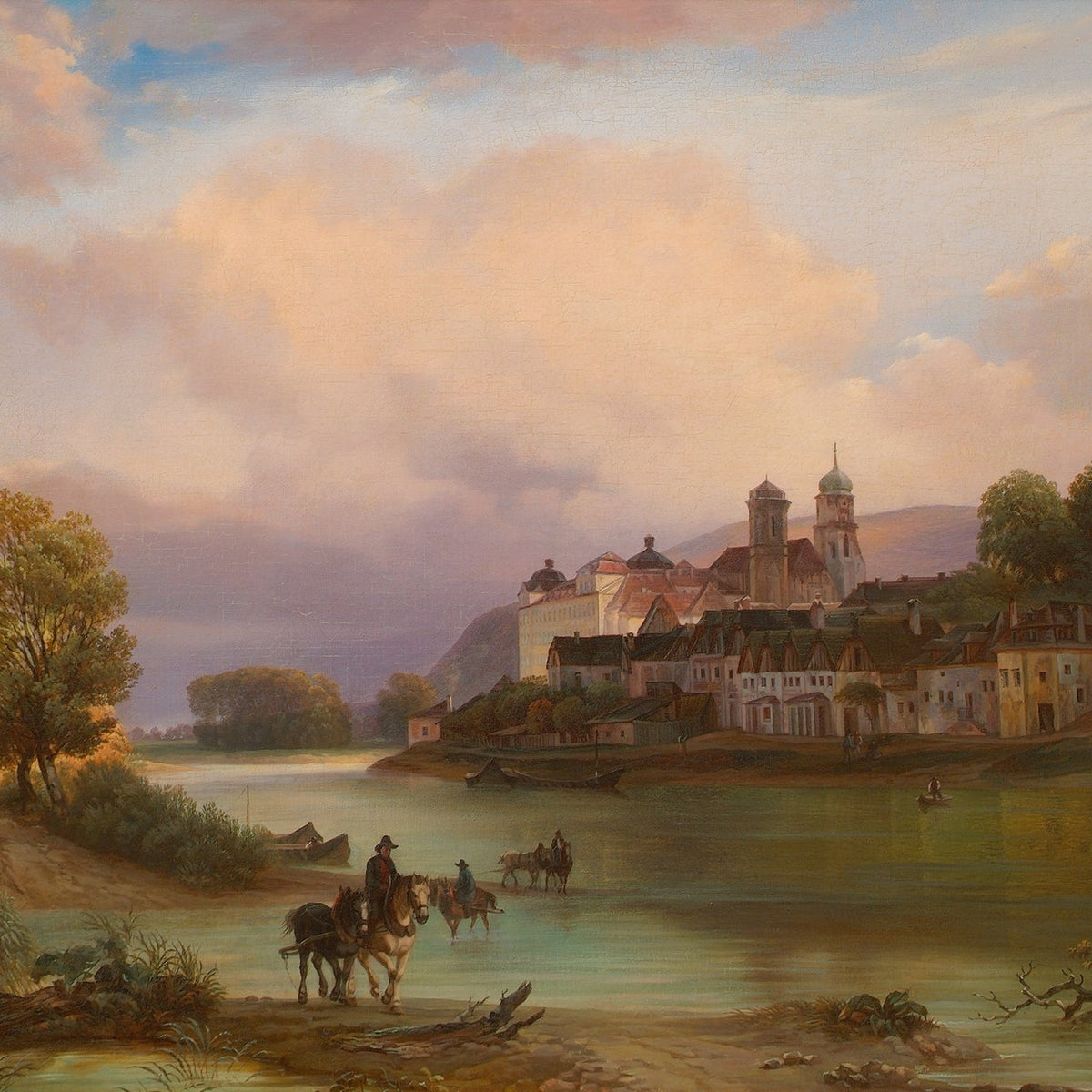 Peinture à l'huile de paysage - Gouffre rocheux spectaculaire avec personnages