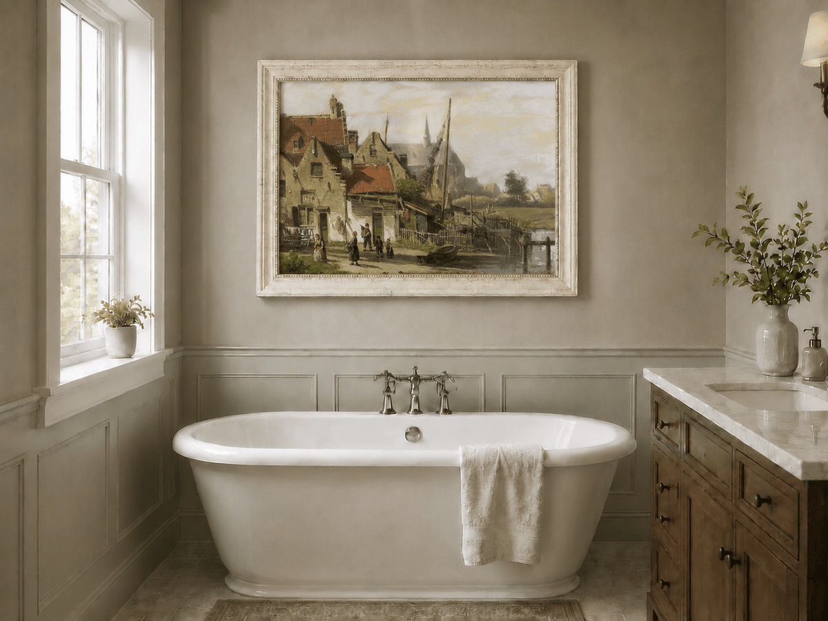 Landschaft Ölgemälde – Flussdorf | Handgemalt