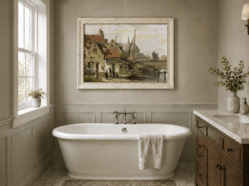 Landschaft Ölgemälde – Flussdorf | Handgemalt