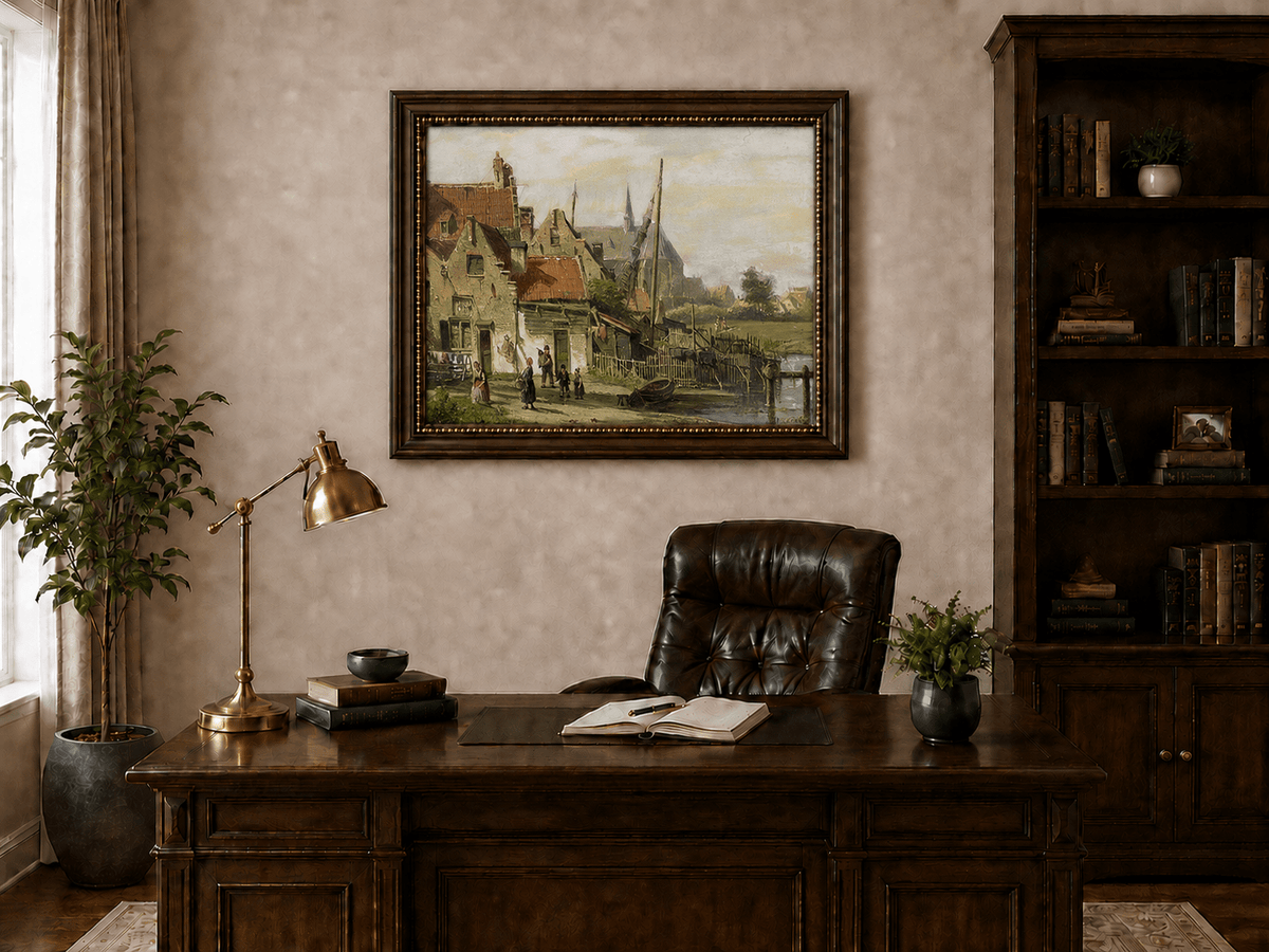 Landschaft Ölgemälde – Flussdorf | Handgemalt