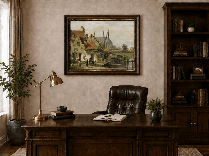 Landschaft Ölgemälde – Flussdorf | Handgemalt