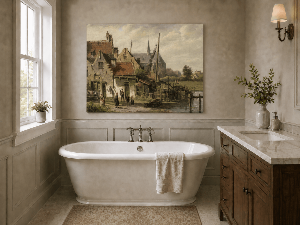 Landschaft Ölgemälde – Flussdorf | Handgemalt