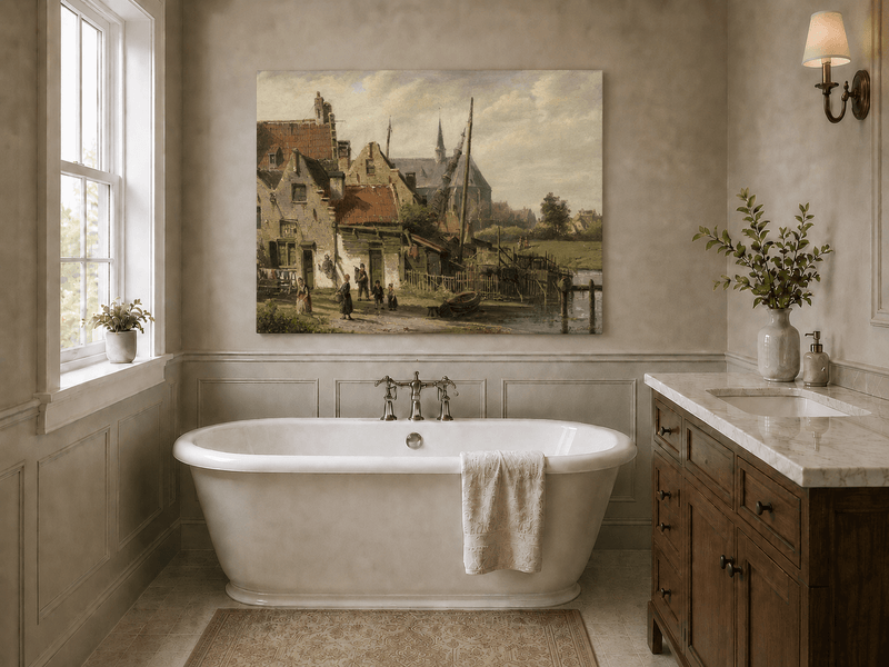 Landschaft Ölgemälde – Flussdorf | Handgemalt