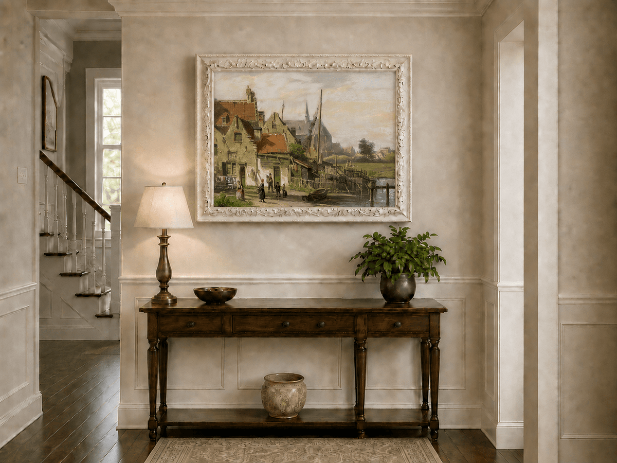 Landschaft Ölgemälde – Flussdorf | Handgemalt