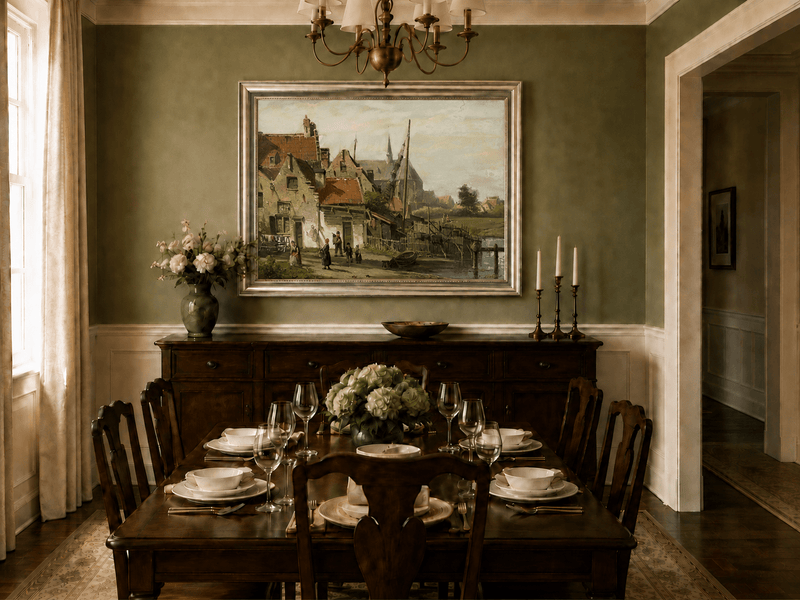 Landschaft Ölgemälde – Flussdorf | Handgemalt