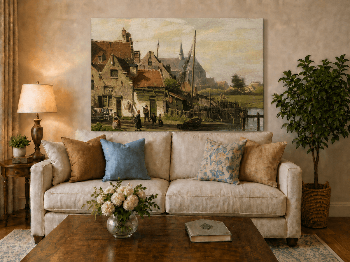 Landschaft Ölgemälde – Flussdorf | Handgemalt