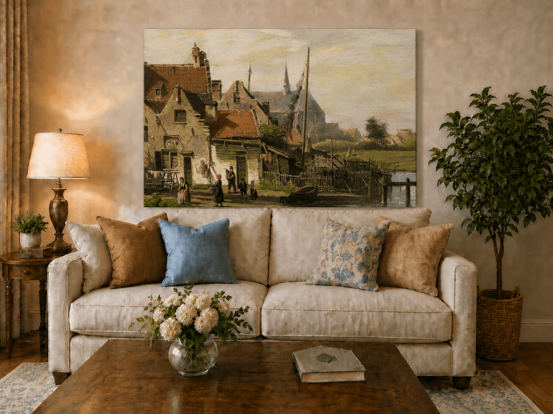 Landschaft Ölgemälde – Flussdorf | Handgemalt