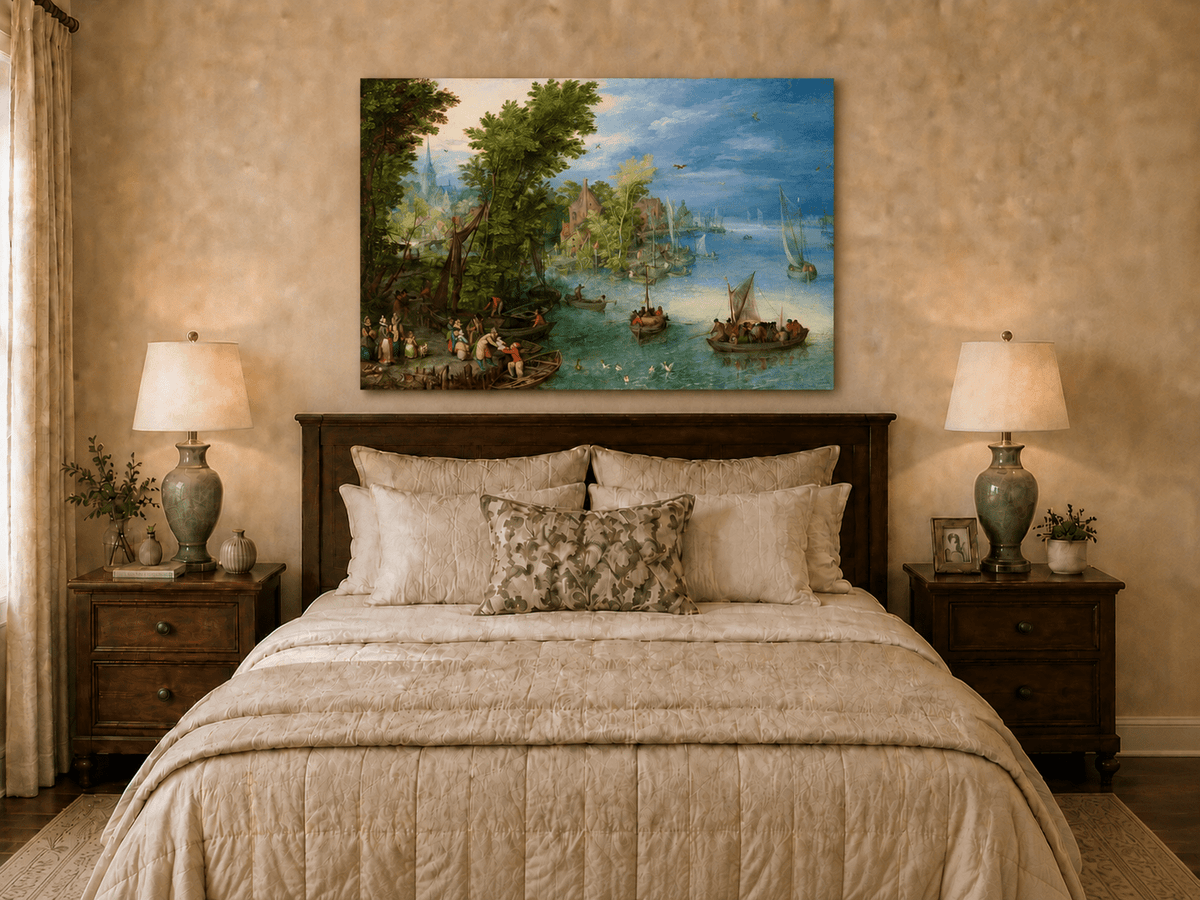 Peinture à l'huile de paysage - Port de village au bord de la rivière avec bateaux