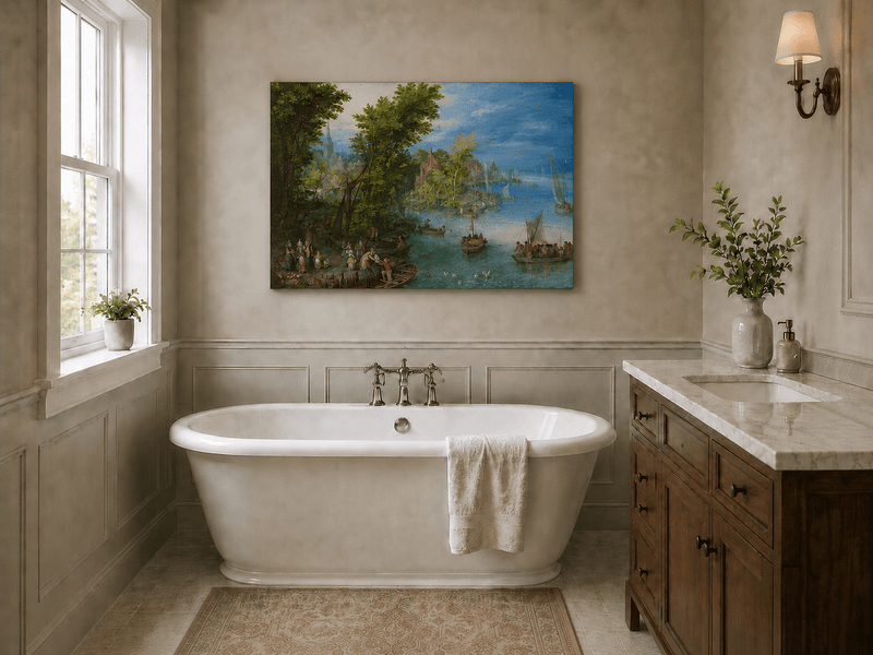 Peinture à l'huile de paysage - Port de village au bord de la rivière avec bateaux