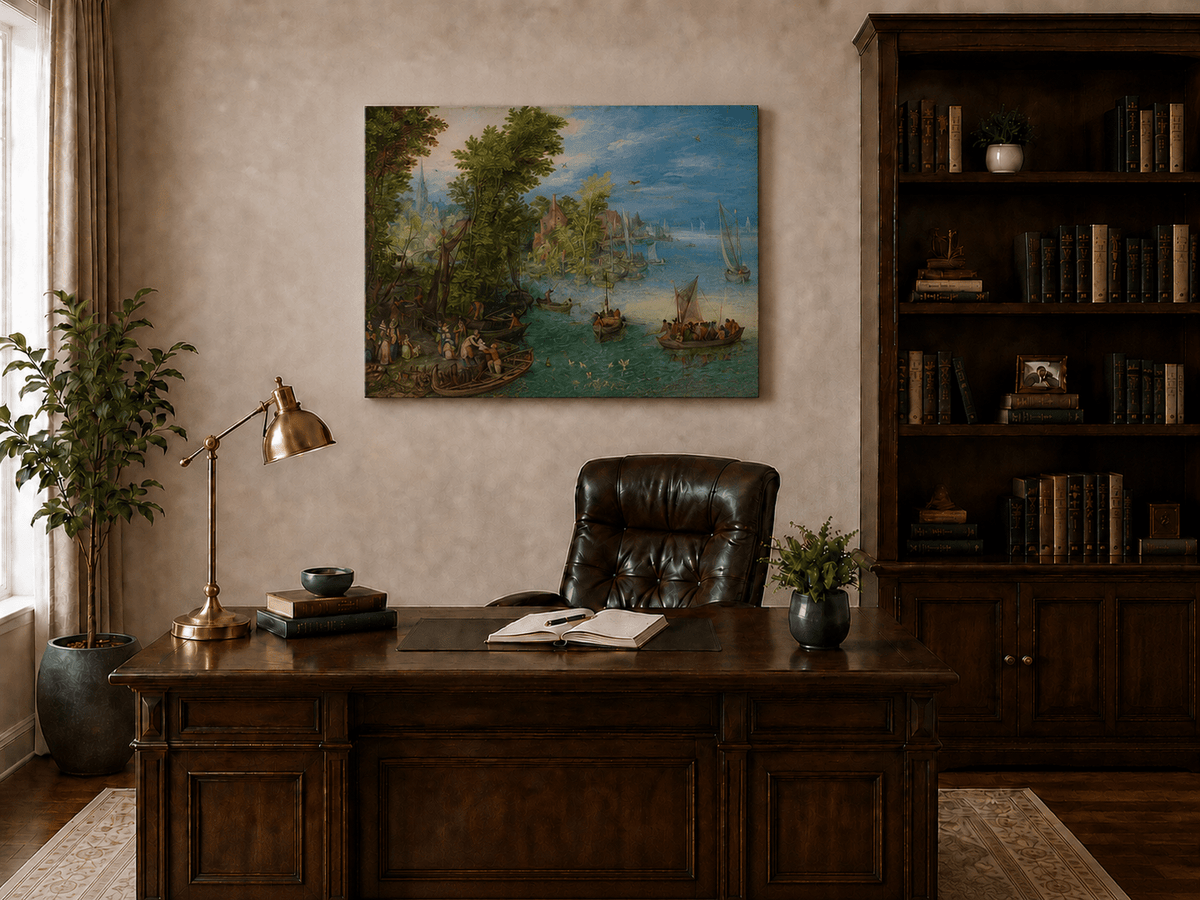 Peinture à l'huile de paysage - Port de village au bord de la rivière avec bateaux