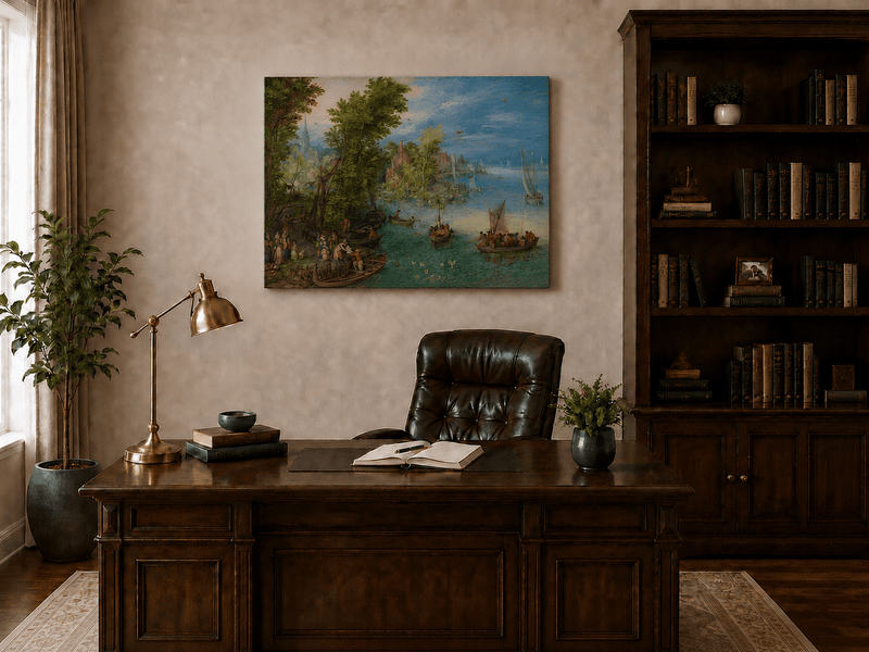Peinture à l'huile de paysage - Port de village au bord de la rivière avec bateaux