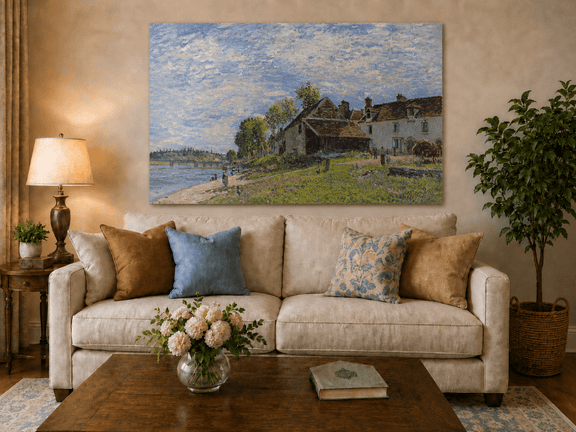 Village houses by the river hand-painted oil artwork displayed in a second interior view.