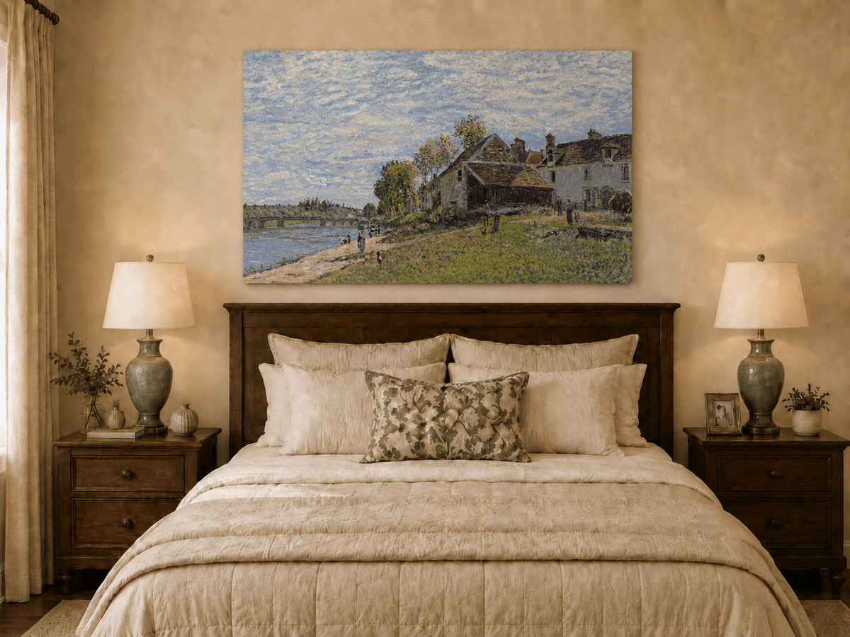 Riverside village houses oil painting displayed as landscape wall decor.