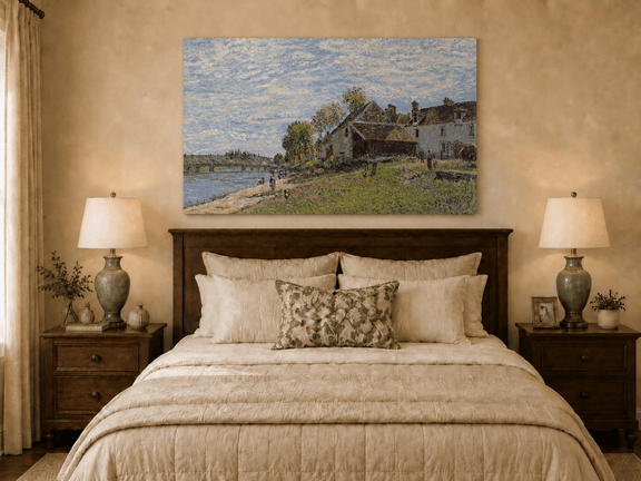 Riverside village houses oil painting displayed as landscape wall decor.